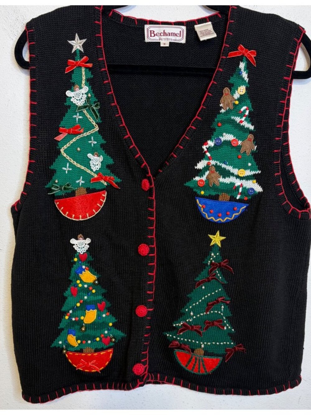 Bechamel Petite M Christmas Tree Sweater Vest Black Embroidered Holiday